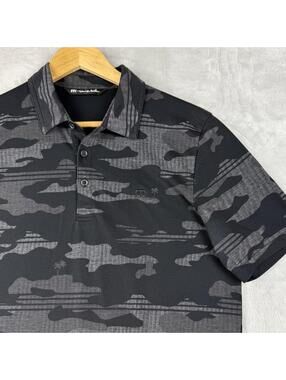 Travis Mathew Camo Polo Shirt Black Grey Performance Golf Casual Size M Preppy